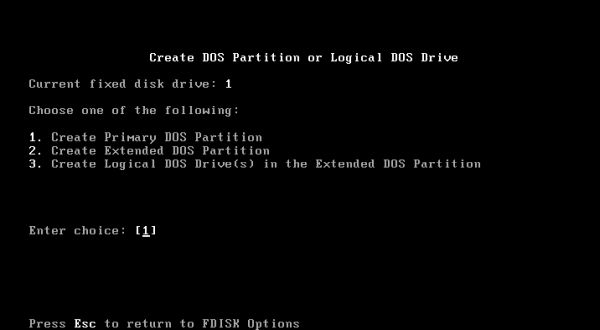 Windows 95 installation: fdisk - selecting to create a primary DOS partition