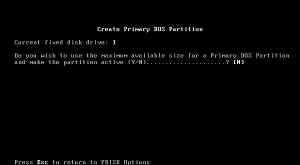 Windows 95 installation: fdisk - choosing not to use the maximum space available to create the new partition