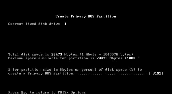 Windows 95 installation: fdisk - entering the size of the primary partition to be created