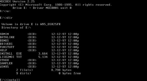 Windows 95 installation: Running the Windows 95 setup program from CDROM