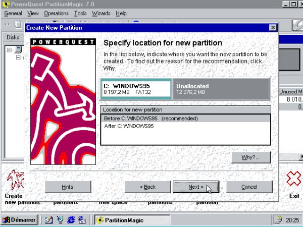 Windows 98 and Windows 95 dual boot: PartitionMagic - Location of the new primary partition