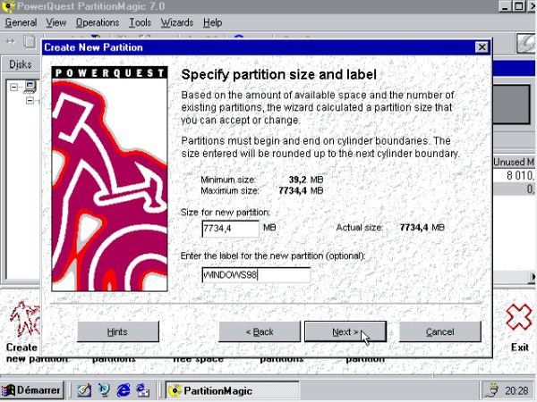 Windows 98 and Windows 95 dual boot: PartitionMagic - Size of the new primary partition