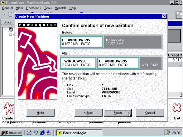 Windows 98 and Windows 95 dual boot: PartitionMagic - Disk layout before and after creating the new partition