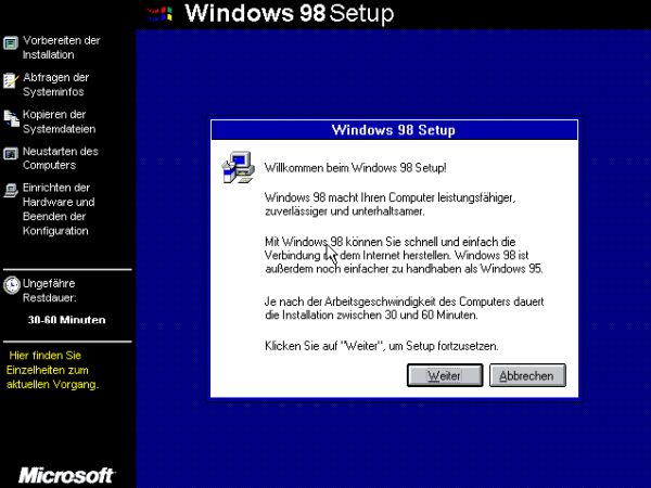 Windows 98 installation: Start of the Windows 98 SE setup wizard