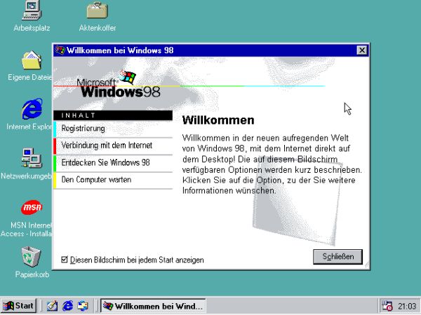 Windows 98 installation: Windows 98 SE German language version desktop