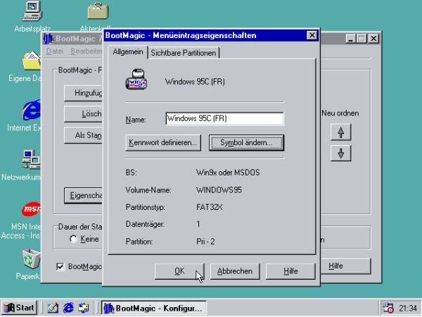 Windows 98 and Windows 95 dual boot: BootMagic - Configuration of the Windows 95 boot menu item