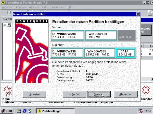 Windows 98 and Windows 95 dual boot: PartitionMagic - Creating a common data partition