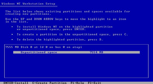 Windows NT installation: Choosing to create a new partition in the unpartitioned space