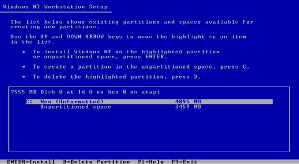 Windows NT installation: Choosing to install Windows NT onto the newly created partition C: