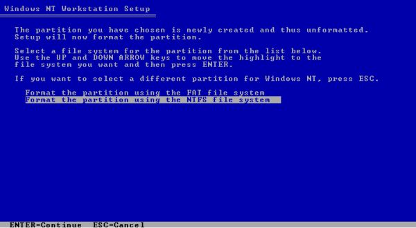 Windows NT installation: Choosing to format the installation partition using the NTFS filesystem