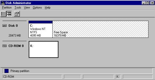 Windows NT installation: Storage media layout in Disk Administrator after successful install