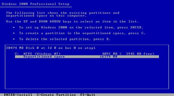 Windows 2000 installation: Choosing to create a new partition in the unpartitioned space