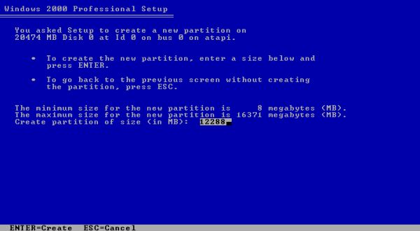 Windows 2000 installation: Choosing the new partition's size