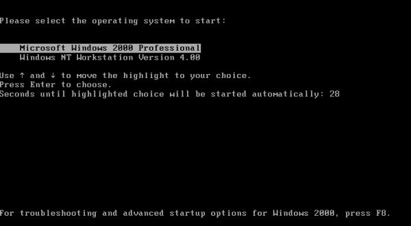 Windows NT installation: Windows 2000 dual boot menu with Windows NT 4