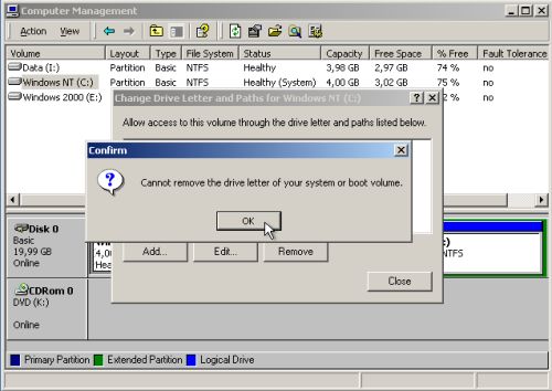 Windows 2000/NT dual boot: Impossible to remove the drive letter of the system partition in Windows 2000