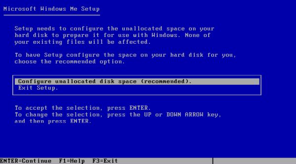 Windows Me installation: Configuring the unallocated disk space