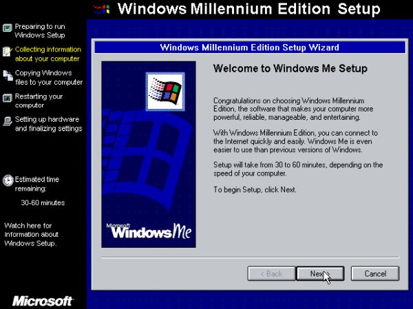 Windows Me installation: Start of the 'Windows Millenium Setup Wizard'