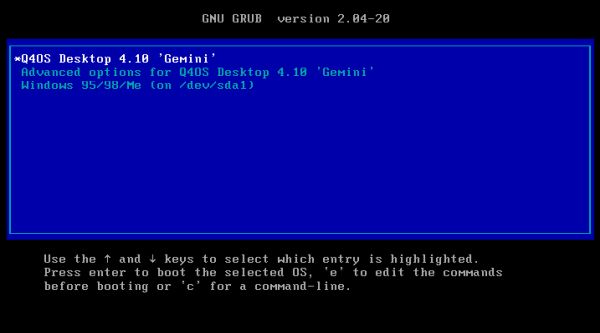 Dual boot Q4OS and Windows Me: GRUB bootmenu with entries to boot either of the two opeating systems