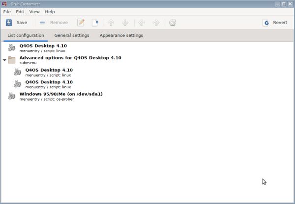 Dual boot Q4OS and Windows Me: Changing the GRUB bootmenu entries using the Grub Customizer utility [1]