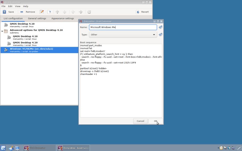 Dual boot Q4OS and Windows Me: Changing the GRUB bootmenu entries using the Grub Customizer utility [2]