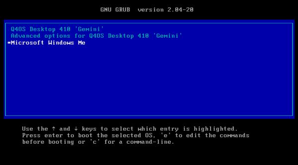 Dual boot Q4OS and Windows Me: Modified GRUB bootmenu with entries to boot either of the two opeating systems