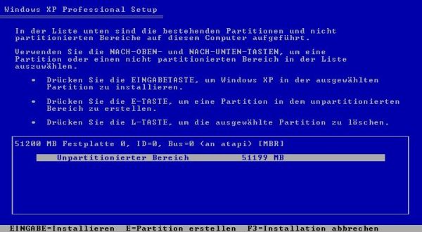 Windows XP installation: Choosing to create a partition, where to install the OS to 
