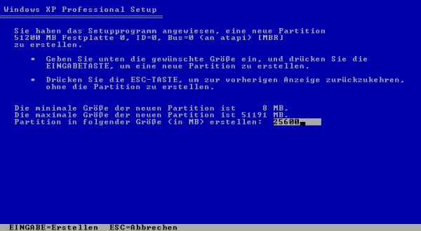 Windows XP installation: Choosing the Windows partition size (letting space for Linux)