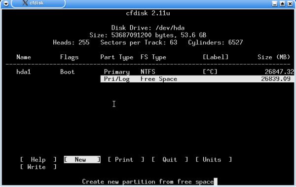 Knoppix 3.3 installation: cfdisk - Choose to create a new partition in the free space