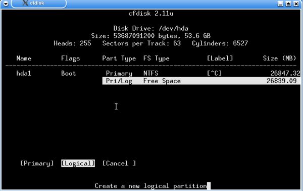 Knoppix 3.3 installation: cfdisk - Choose to create a logical partition