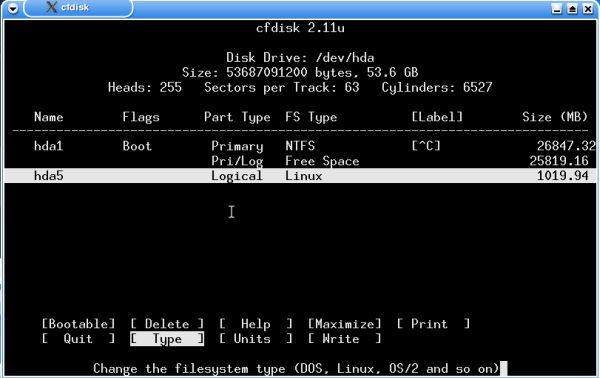 Knoppix 3.3 installation: cfdisk - Choose to change the partition type
