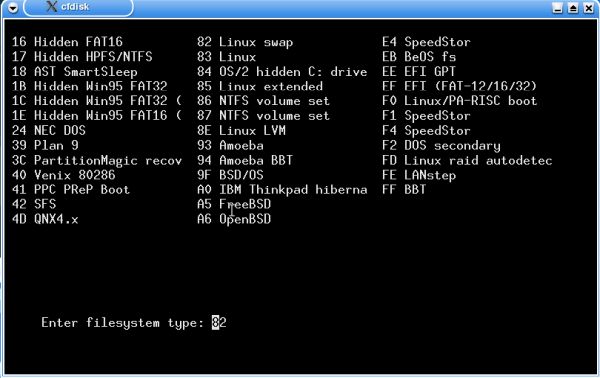 Knoppix 3.3 installation: cfdisk - Change the partition type to 'Linux Swap'