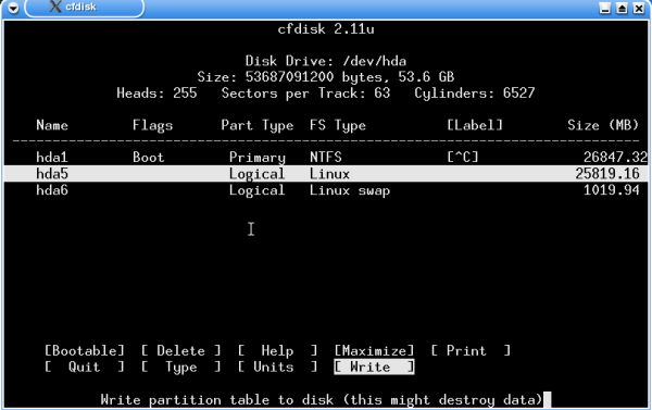 Knoppix 3.3 installation: cfdisk - Write the actual partition table to disk