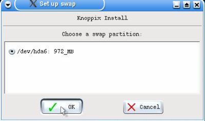 Knoppix 3.3 installation: Choosing a swap partition
