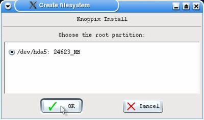 Knoppix 3.3 installation: Choosing the root partition