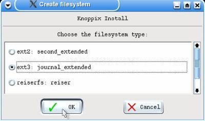 Knoppix 3.3 installation: Choosing to format the root partition using the ext3 filesystem