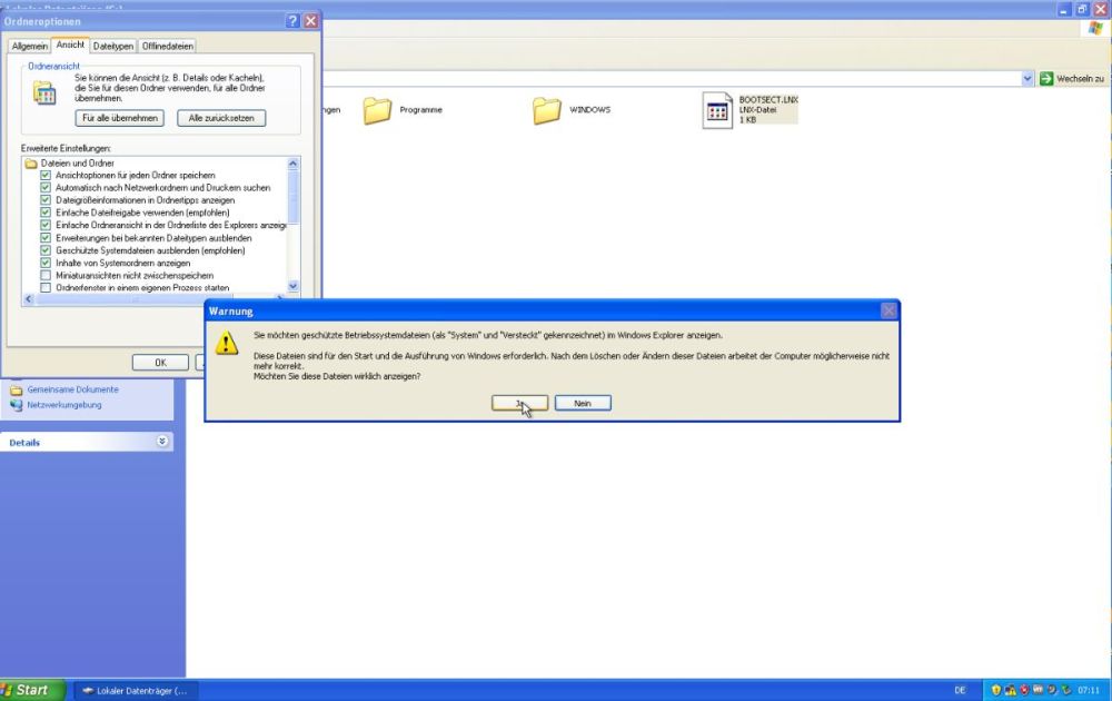 Windows XP dual boot installation: Choose to show protected operating system files