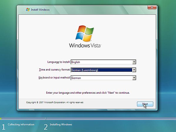 Installation of Windows Vista: Start-up of the installer program
