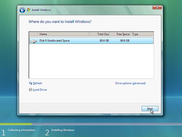 Installation of Windows Vista: Using the entire harddisk to install the OS