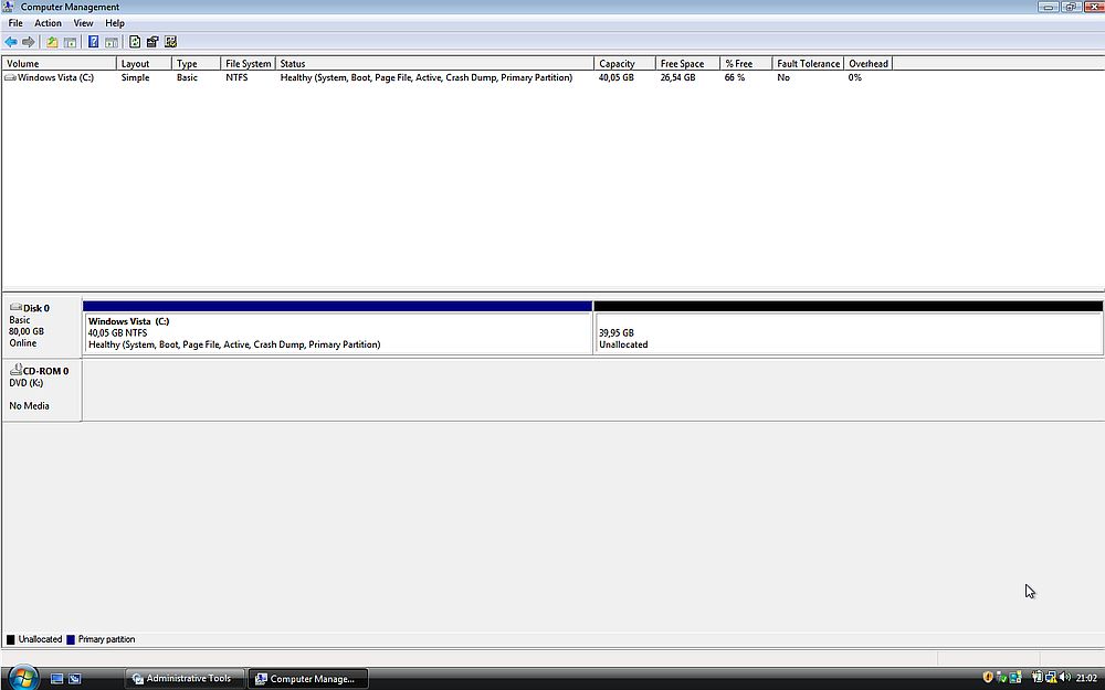 Free space on partition C: after having shrinked the volume