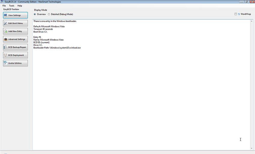 EasyBCD boot manager: Configuration settings after installation on Windows Vista