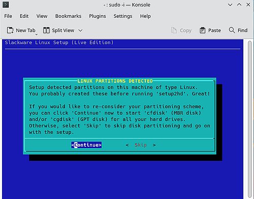 Installation of Slackware 15: Detection of the previously created EXT4 partition