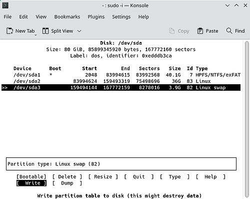 Installation of Slackware 15: Partition layout after making modifications