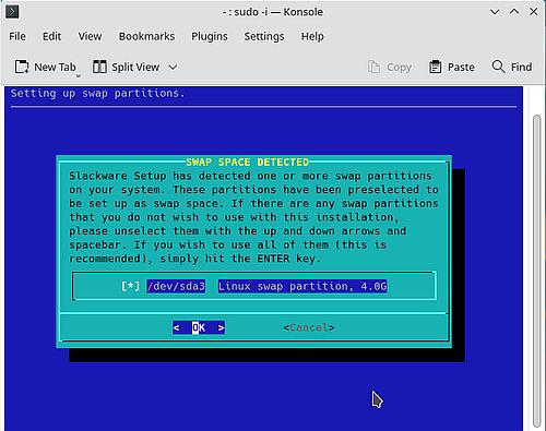 Installation of Slackware 15: Partition setup - Swap partition