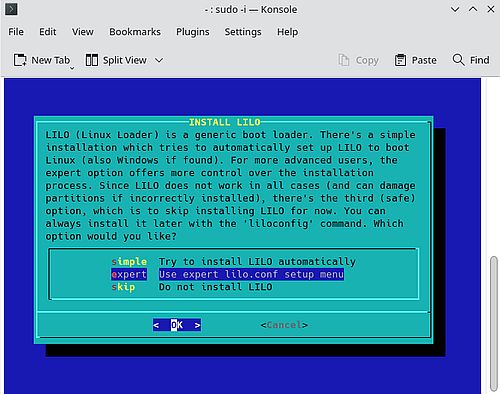 Installation of Slackware 15: Installation of the LILO bootloader [1]
