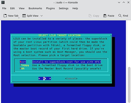 Installation of Slackware 15: Installation of the LILO bootloader [2]