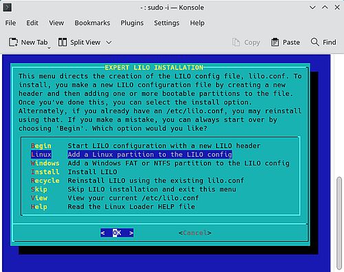 Installation of Slackware 15: Installation of the LILO bootloader [3]