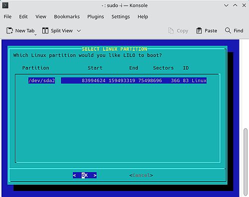 Installation of Slackware 15: Installation of the LILO bootloader [4]
