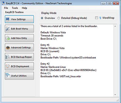 EasyBCD settings for Window Vista and Slackware Linux dual boot