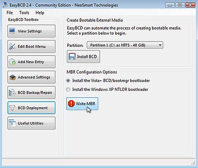 Installing the dual boot configured EasyBCD bootloader into the MBR