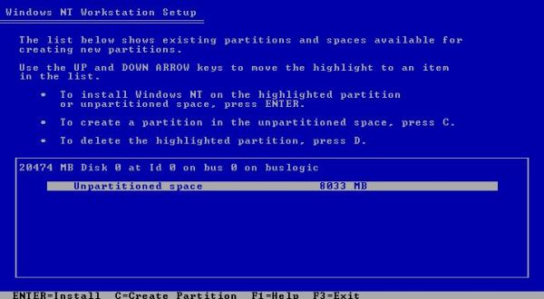 Windows NT installation: Size of unallocated space not correctly recognized on SCSI disks